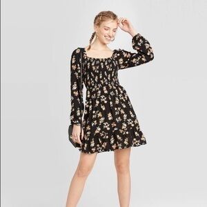 NWOT Long Sleeve Black Floral Mini Smocked Dress